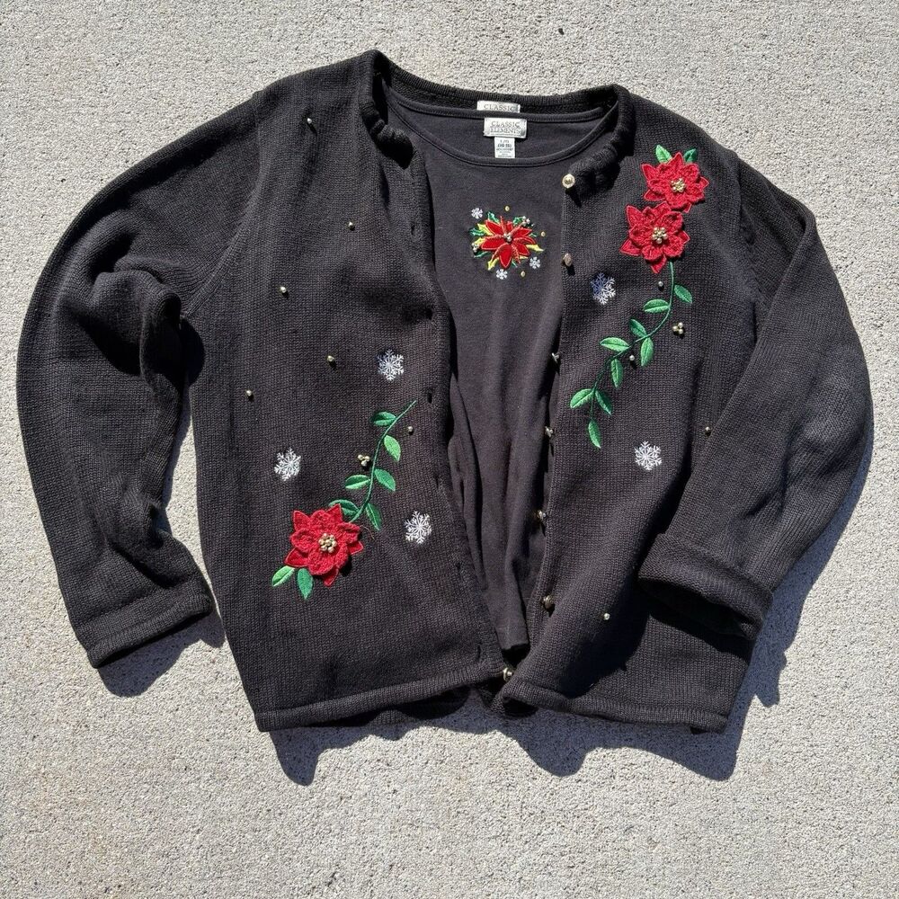 Classic Elements Crew Neck Cardigan & Shirt Christmas Poinsettia Size Large/XL